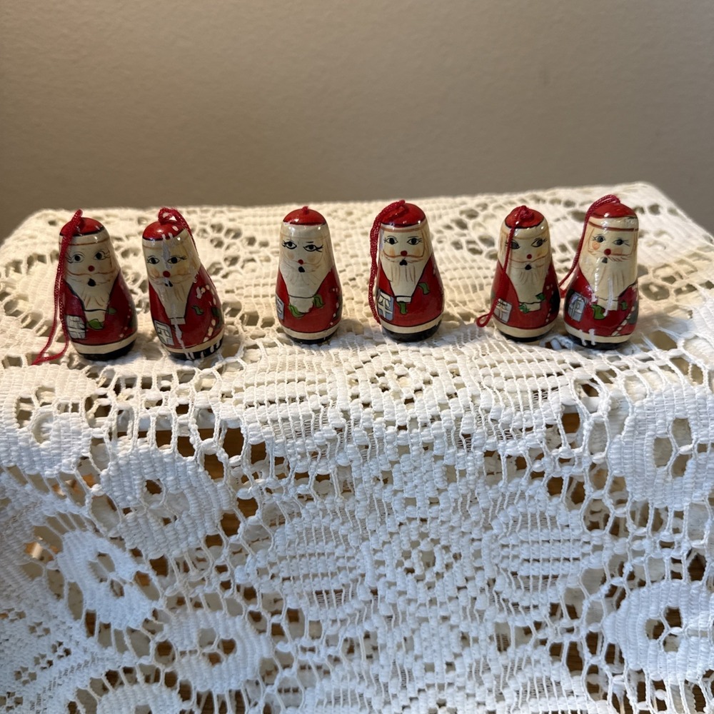 Vintage Set Of 6 Wooden Santa Claus Christmas Ornaments Hand Painted